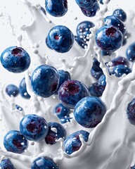 Fresh Blueberries Splashing Dynamically in White Milk with Vibrant Droplets
