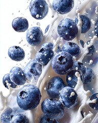 Vibrant Blueberries Splashing into Creamy White Milk and Yogurt with Dynamic Motion