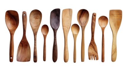 Handcrafted Wooden Utensils: A flat lay of handcrafted wooden utensils like spoons and spatulas, isolated on a Transparent background, PNG file.