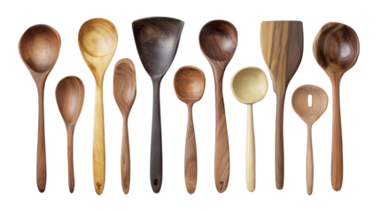 Handcrafted Wooden Utensils: A flat lay of handcrafted wooden utensils like spoons, spatulas, and ladles, isolated on a Transparent background, PNG file.