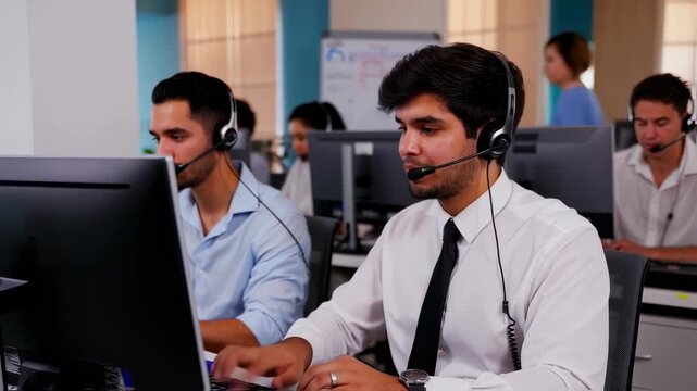 Customer service reps at work with headset, and office support.