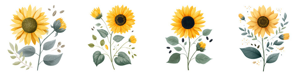 Naklejka premium Watercolor Sunflower Collection: Floral Illustration Set