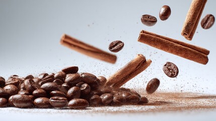 Falling coffee beans and cinnamon sticks with scattered powder creating a dynamic beverage ingredient scene