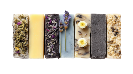 Handmade Artisan Soap Bars: A flat lay of handmade artisan soap bars with natural ingredients like lavender, isolated on a Transparent background, PNG file.