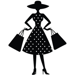Polka dot dress woman with shopping bags silhouette