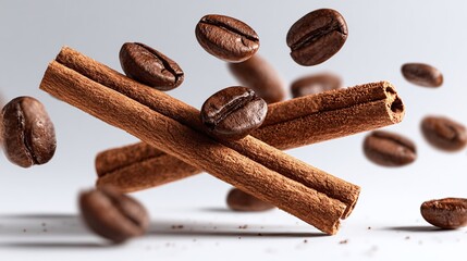 Aromatic Roasted Coffee Beans and Cinnamon Sticks Floating on a Clean White Background Still Life