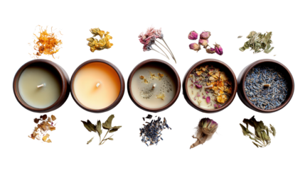 Handmade Organic Candles: A flat lay of handmade organic candles with floral scents, isolated on a Transparent background, PNG file.