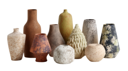 Handmade Pottery Vases: A flat lay of handmade pottery vases with unique shapes, isolated on a Transparent background, PNG file.