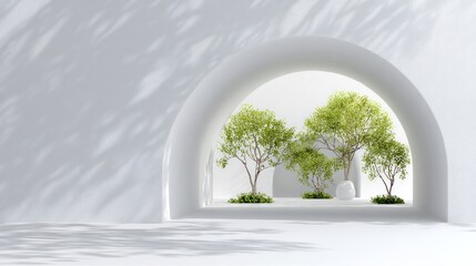 White architectural archway with lush greenery.