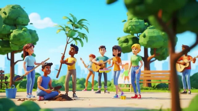 Planting Tree with Friends in Park Together Illustration