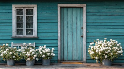 Serene Cottage Entrance: Teal House with White Flowers
