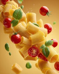 Falling Rigatoni Pasta, Ripe Cherry Tomatoes, and Fresh Green Basil Leaves
