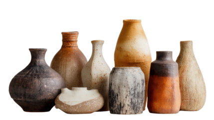Handmade Pottery Vases: A flat lay of handmade pottery vases with unique shapes, isolated on a Transparent background, PNG file.