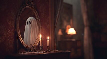 Spooky Ghost Reflected in Antique Oval Mirror with Two Lit Candles on Mantlepiece