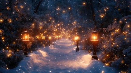 Lanterns lighting snowy forest path at night, magical winter scene for holiday, fantasy or peaceful nighttime visuals
