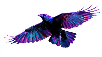 Fototapeta premium Vivid raven soars, wings spread wide, colorful iridescence on feathers against white