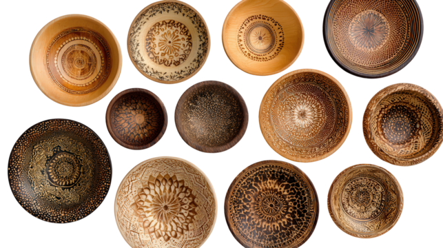 Handmade Wooden Bowls: A flat lay of handmade wooden bowls with intricate patterns, isolated on a Transparent background, PNG file.