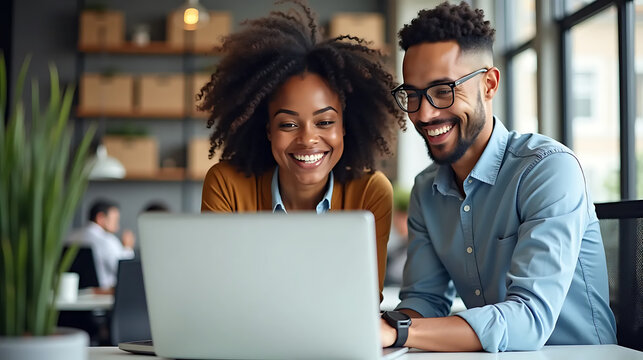 Two Young Coworkers Using Laptop for Business Presentation in Modern Office