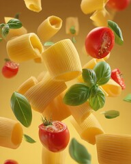 Dynamic Shot of Flying Pasta, Fresh Red Tomatoes, and Green Basil Leaves on a Vibrant Yellow Background