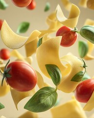 Floating Fresh Pasta Sheets, Cherry Tomatoes, and Green Basil Leaves on a Light Background