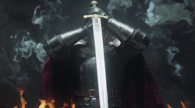 Knight of Darkness: Standing Strong in Full Armor with Sword