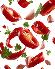 Dynamic Composition of Falling Red Chili Peppers, Fresh Garlic Cloves, and Green Parsley Leaves on White Background