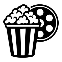 Popcorn and film reel icon with transparent background symbolizing movie, cinema, entertainment
