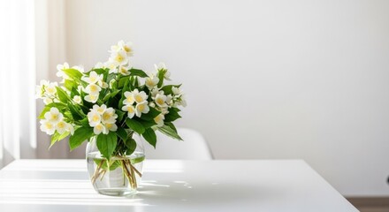 White flowers in glass vase on white table