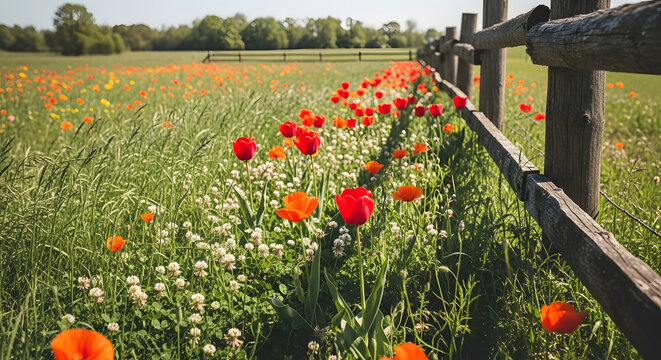 Rustic wooden fence bordering a vibrant field of tulips and wildflowers in springtime