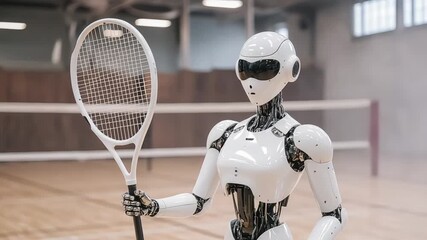 Futuristic robot athlete holding tennis racket in indoor sports facility - Powered by Adobe