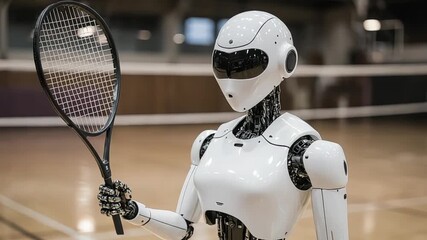 Futuristic robot athlete prepares to serve on tennis court with racket in hand - Powered by Adobe