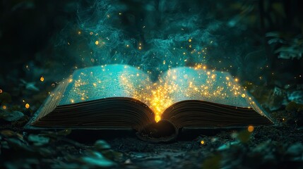 Magical glowing book with light pouring out | stock photo, fantasy story, enchanted novel, mysterious aura
