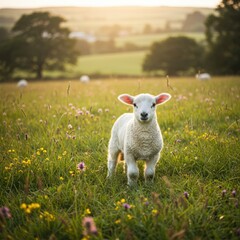 Obraz premium Adorable White Lamb in Spring Meadow