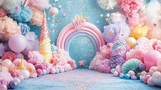 Magical unicorn mermaid birthday party background with rainbow decorations, stars, and underwater fantasy theme