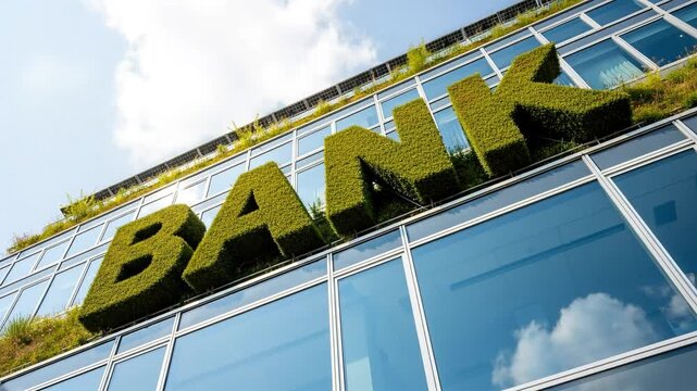 Tulisan bank dari tanaman hijau pada fasad gedung kaca cerah melambangkan ekonomi berkelanjutan dan investasi ramah lingkungan