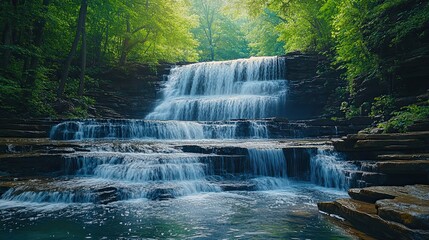 Majestic waterfall cascading over rocks, surrounded by lush greenery