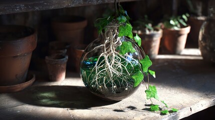 A suspended glass terrarium with trailing ivy and delicate aerial roots submerged in water, illuminated by dappled sunlight on a rustic wooden shelf.