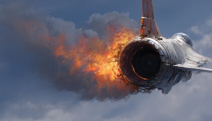 Powerful Futuristic Jet Engine with Fiery Exhaust Plume in Flight