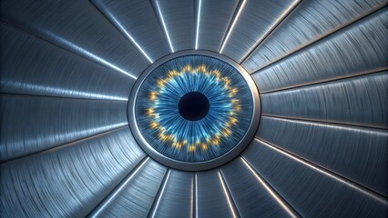 Iris‑scan macro pattern glowing on metallic radial texture