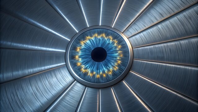 Iris‑scan macro pattern glowing on metallic radial texture