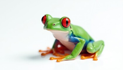 Fototapeta premium Single red-eyed tree frog on pure white backdrop, tropical animal, tropical, red eyes