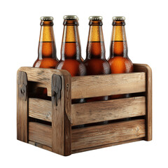 Four amber beer bottles in a wooden crate isolated on transparent background