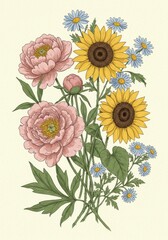 Naklejka premium Pastel Pink Peonies and Yellow Sunflowers Bouquet Illustration