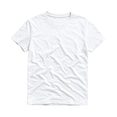 Realistic blank white wrinkled crew neck t-shirt. Casual clothing mockup template, front view, Isolated on Transparent and White Background