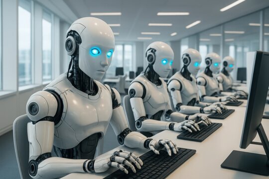 Robots working in an office environment with glowing blue eyes