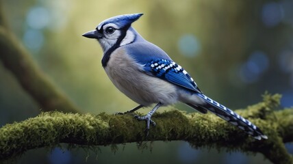 Close-Up of Blue Jay on Mossy Branch with Vibrant Plumage and Soft Green Bokeh