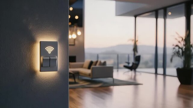 Smart home light switch illuminated with a modern living room backdrop