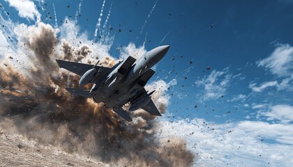 F-15 Fighter Jet Maneuvering Through Intense Ground Explosion and Debris