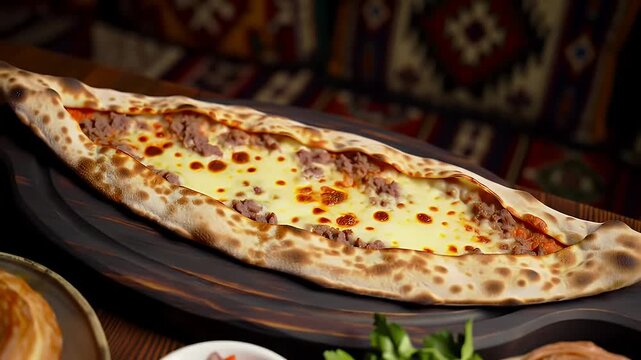 Turkish Boat Shaped Flatbread Pide with Ground Meat and Melted Cheese on a Dark Wooden Board with Greens and Relish