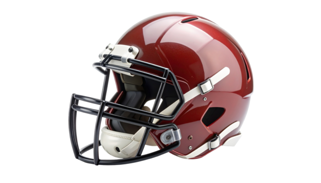 Red American football helmet isolated on white background, commonly worn in competitive games.